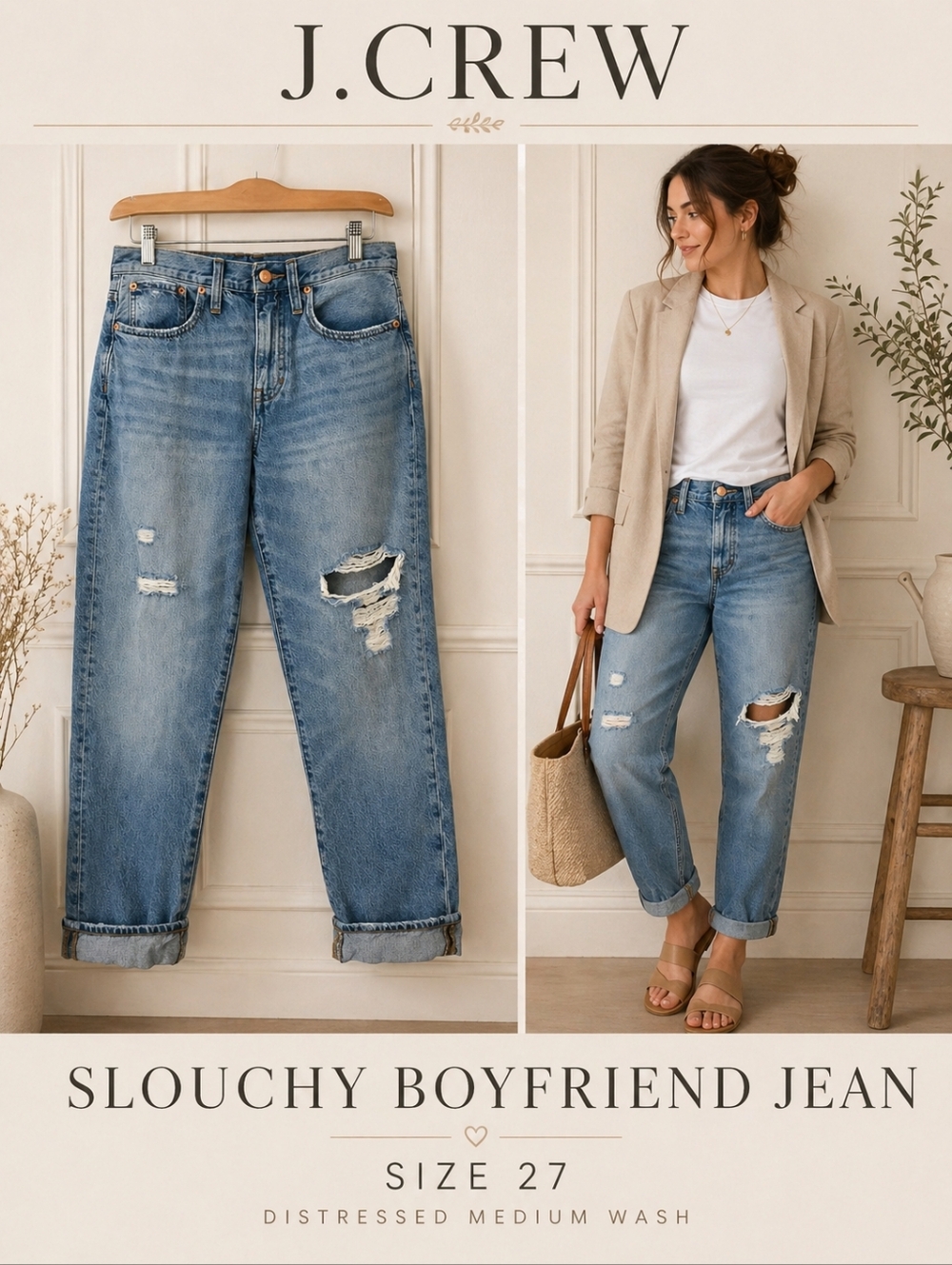J.Crew Slouchy Boyfriend Jeans Distressed Medium Wash Size 27
